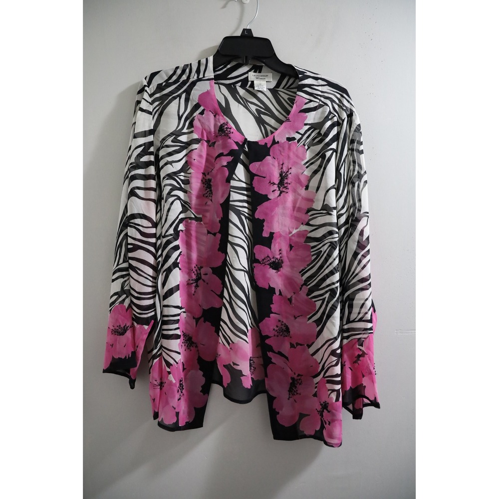 Laura Ashley Woman 2X Silk Blouse Zebra Floral Pink Black Beaded Kimono Cardigan